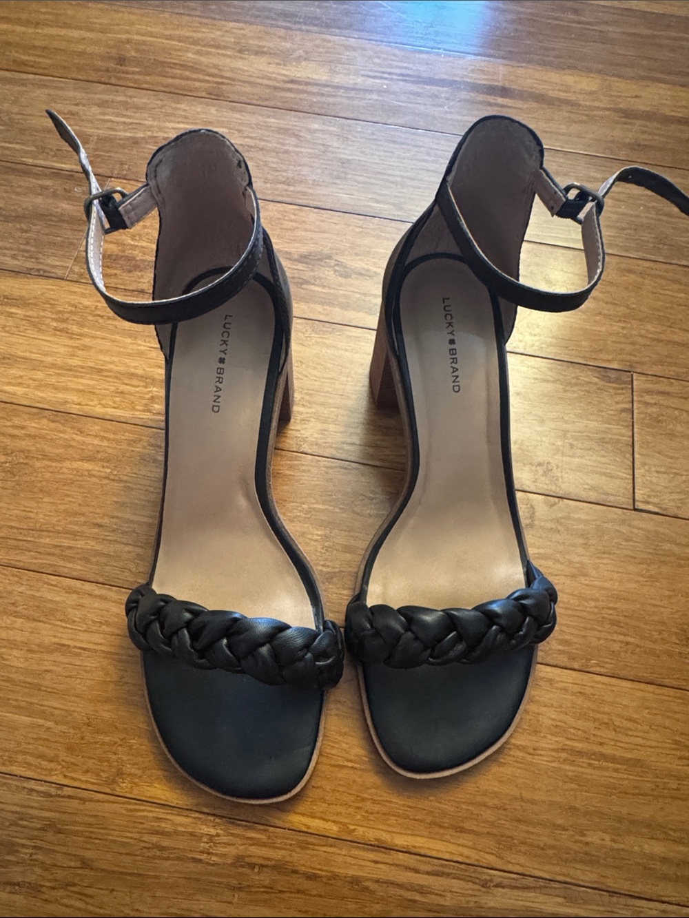Lucky Brand Black Braided Ankle-Strap Block Heel Sandals